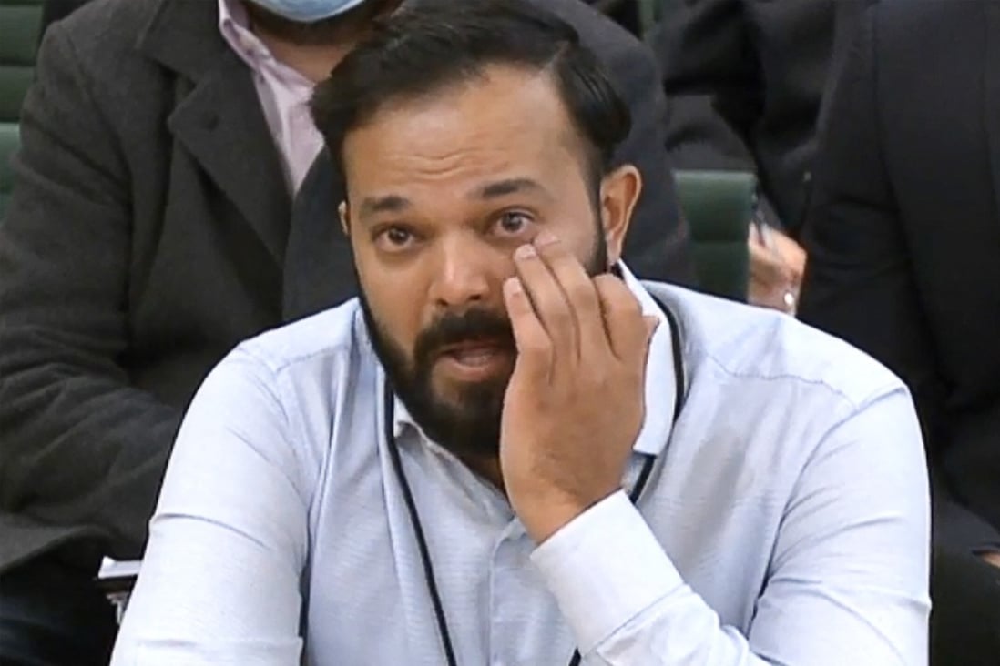 Azeem Rafiq fights back tears while testifying on November 16 in front of a parliamentary committee investigating racial harassment at Yorkshire County Cricket Club. Photo: Handout