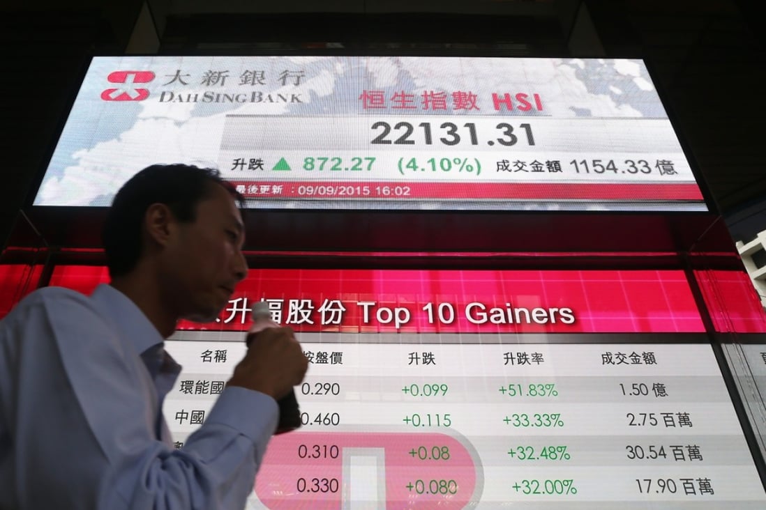 A man walks past an electronic screen showing the Hong Kong stock market. Photo: Sam Tsang