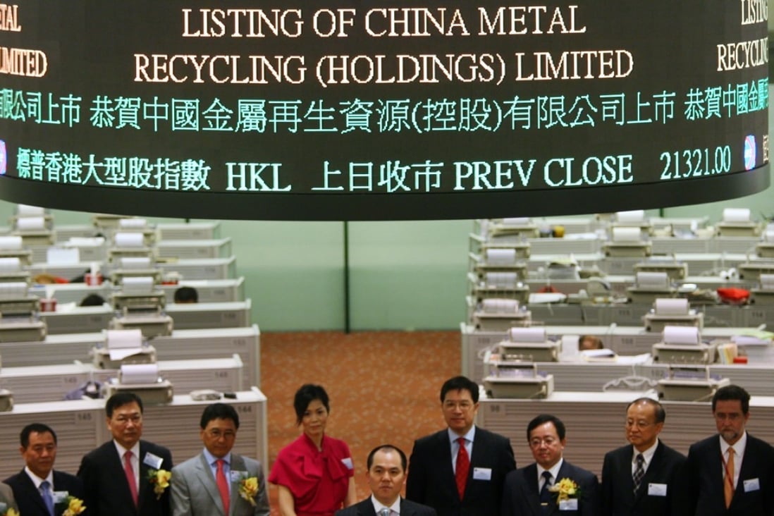 Chun Chi-wai (centre front) at China Metal Recycling’s listing ceremony in June 2009 following its HK$1.55 billion initial public offering. Photo: Ricky Chung