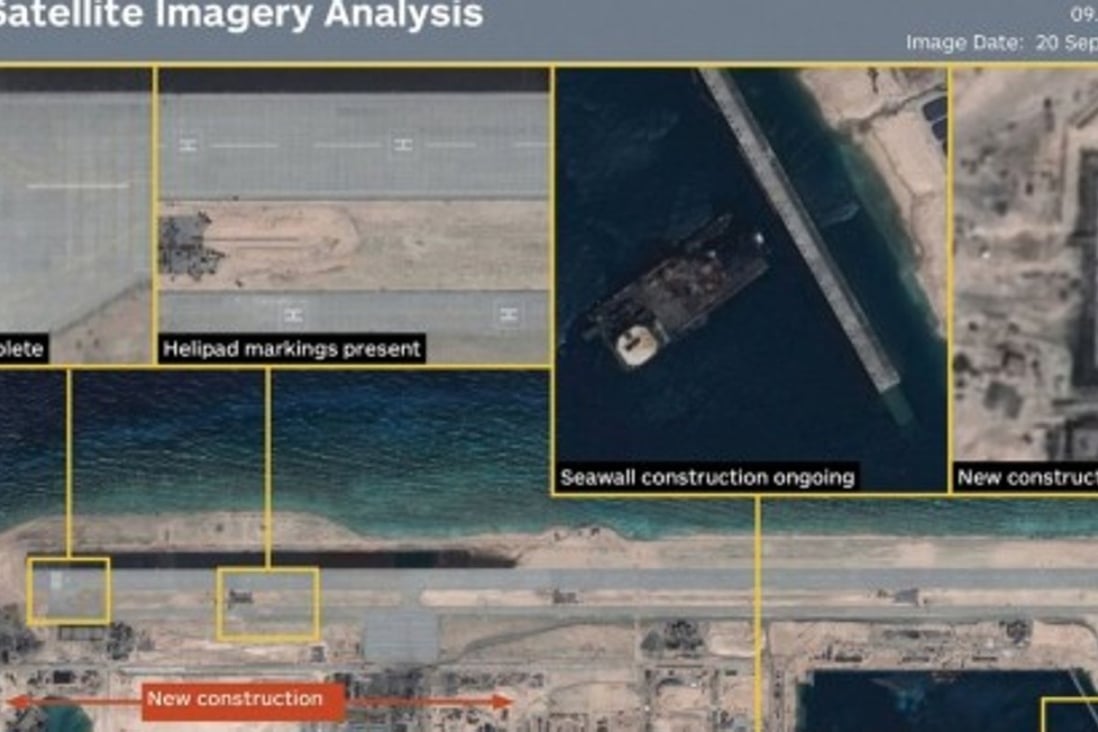 Satellite images of the runway at Fiery Cross Reef in the South China Sea. Photo: Reuters