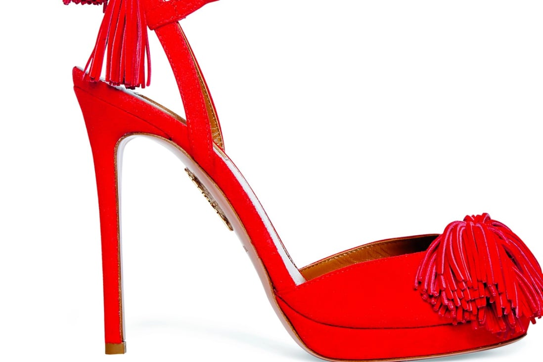 Aquazzura red suede tassel tie stiletto heels.