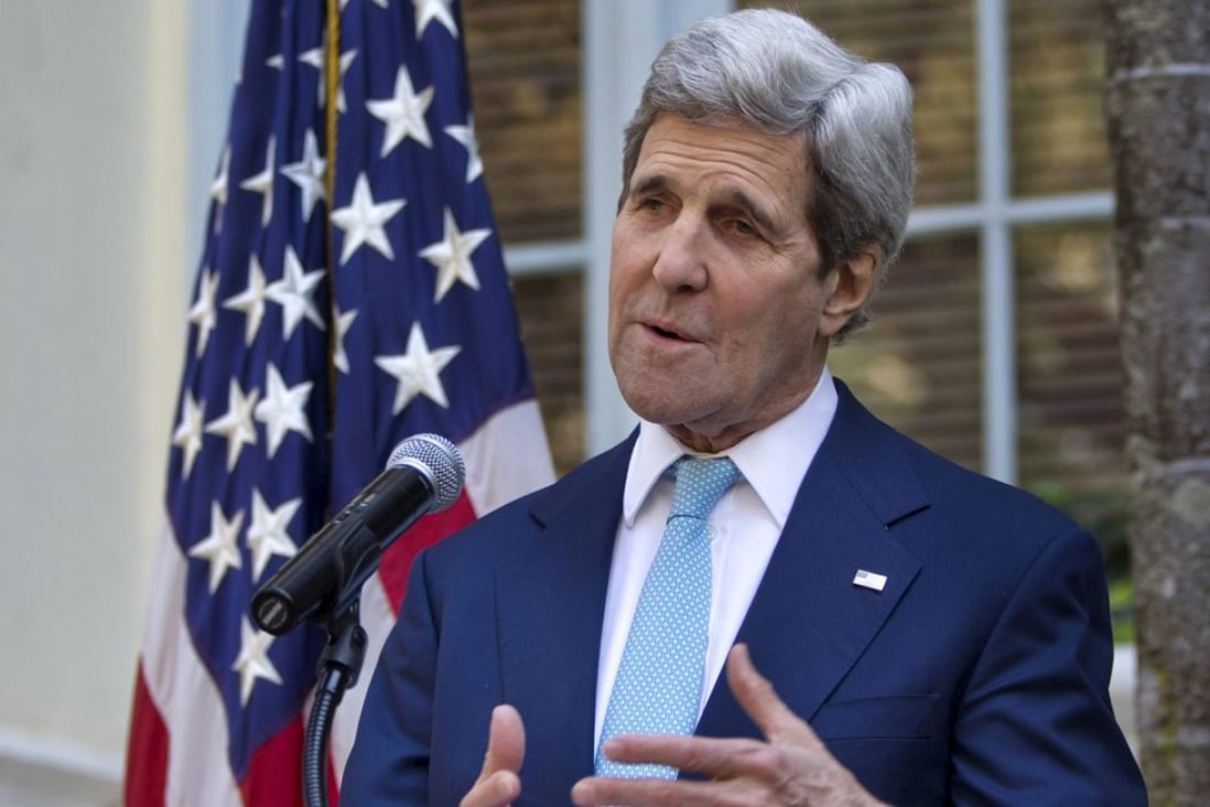US Secretary of State John Kerry speaks in Cambodia on Tuesday before departing for Beijing, China. Photo: Reuters