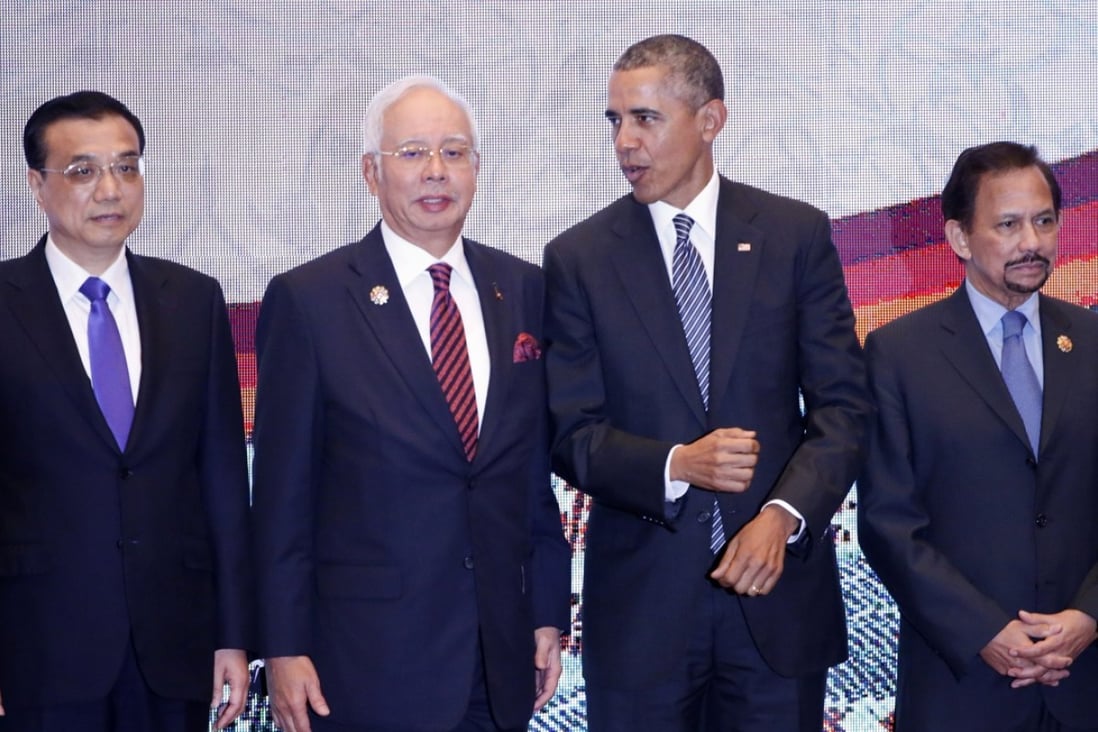 US President Barack Obama speaks to Malaysian Prime Minister Najib Razak flanked by China’s Premier Li Keqiang, left, and Brunei's Sultan Hassanal Bolkiah during November’s Asean Summit in Kuala Lumpur. Obama’s office earlier dubbed this month’s meeting at Sunnylands, the first hosted by a US president with the 10 Asean leaders, “unprecedented” and said it would further his aim of rebalancing US foreign policy towards Asia. Photo: AP