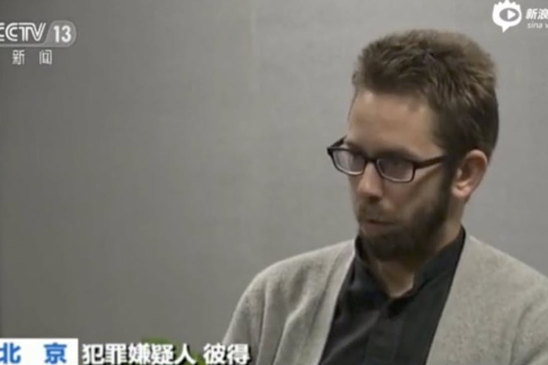 Swedish rights activist, Peter Jesper Dahlin, confesses on Chinese state TV. Photo: SCMP Pictures
