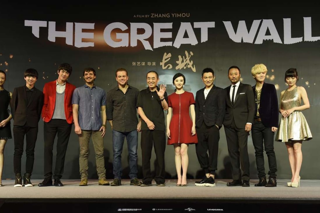 The cast of the upcoming China-US co-production film by Legendary Pictures, The Great Wall, directed by Zhang Yimou (centre) and starring Matt Damon. The film could be China’s first international blockbuster. Photo: AP
