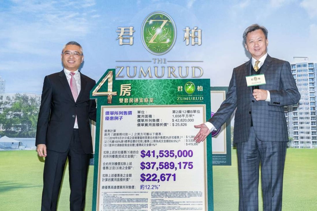 CK Property executive director Justin Chiu Kwok-hung (right) and Francis Wong, director of Cheung Kong Real Estate announced the price list of The Zumurud in Ma Tau Kok. Photo: SCMP Pictures