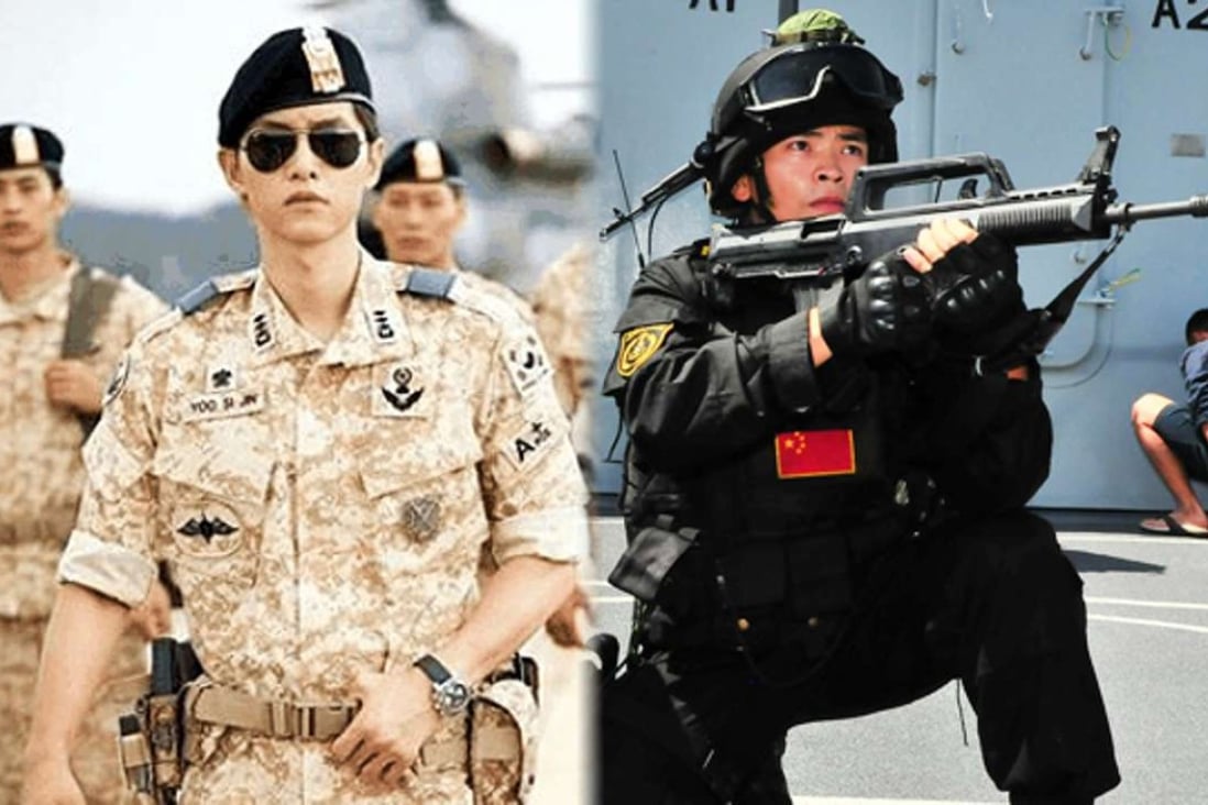 A scene from “Descendants of the Sun” (left) and a member of China’s armed forces. Photo: SCMP Pictures
