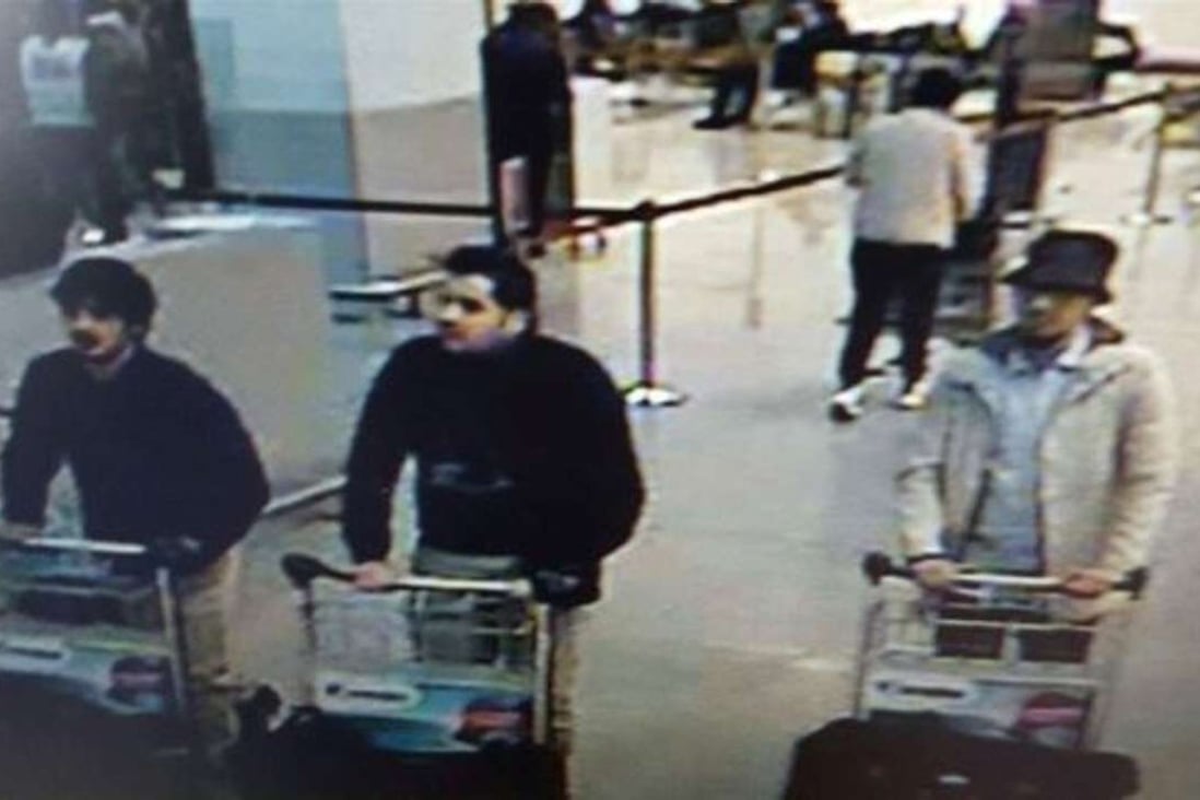 TThis CCTV image from Brussels airport surveillance cameras shows what officials believe may be suspects in the terrorist attack on the airport. The man on the right wearing a hat is believed to have survived, while the other two men are thought to have died in suicide blasts. Photo: AFP