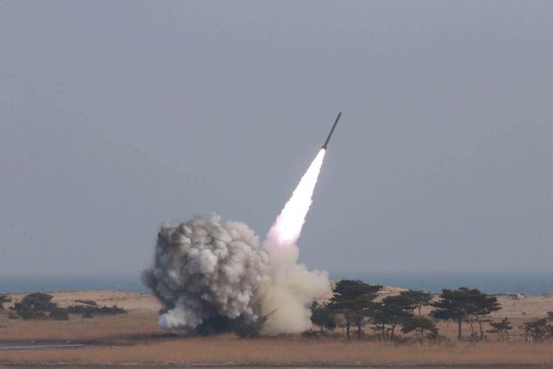 A picture released earlier this month by the North Korean news agency of the test of a rocket launch system. Photo: EPA
