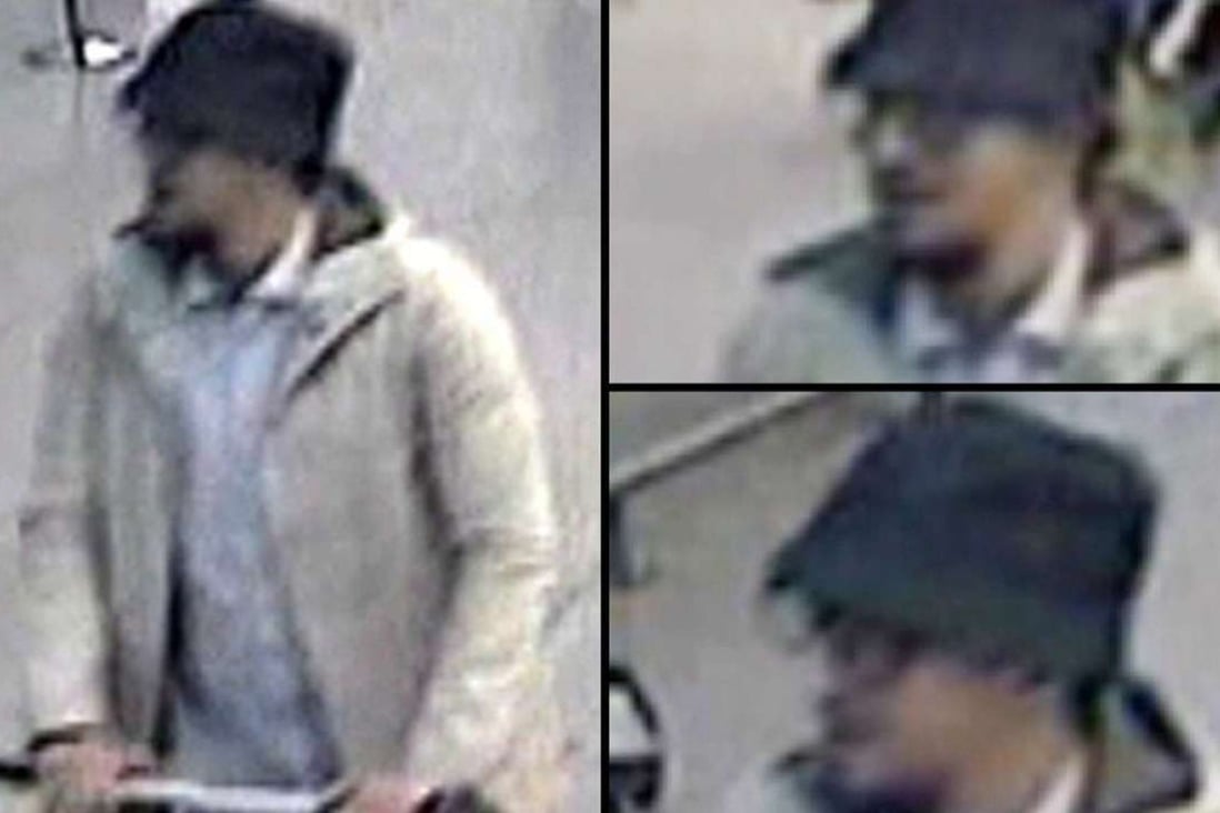 A composite handout photograph provided by Belgian Federal Police on Monday shows CCTV grabs of the so-called “man in the hat”, who is suspected of taking part in the Zaventem airport attack in Brussels. The man’s bomb failed to detonate. Photo: EPA