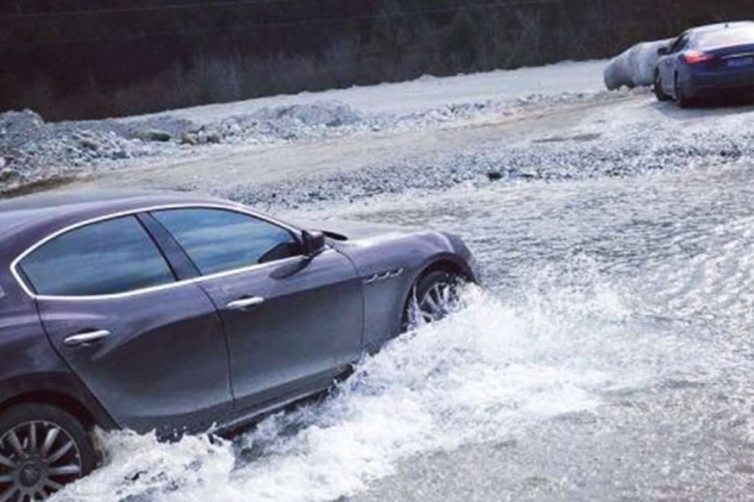 The motorcade of 11 luxury cars were driven through water, rocky terrain and mud-caked dirt roads on the hazardous Sichuan-Tibet highway in China. Photo: SCMP Pictures