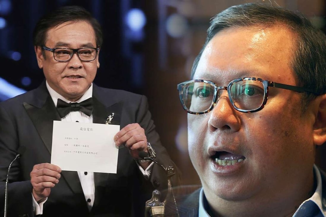 Hong Kong Film Awards Association chairman Derek Yee (left) announcing that ‘Ten Years’ won the Best Film award, a decision criticised by Media Asia chairman Peter Lam (right). Photo: AP, Edmond So