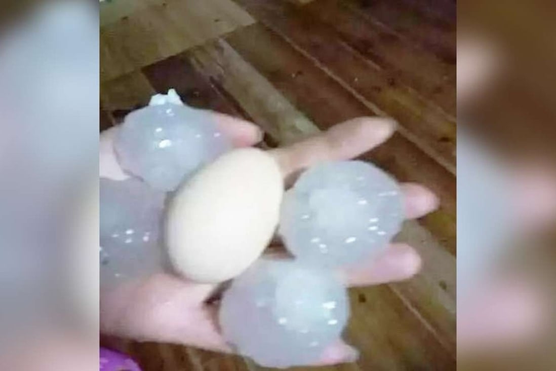 Hailstones found after the storms in Hunan province. Photo: Chinanews.com