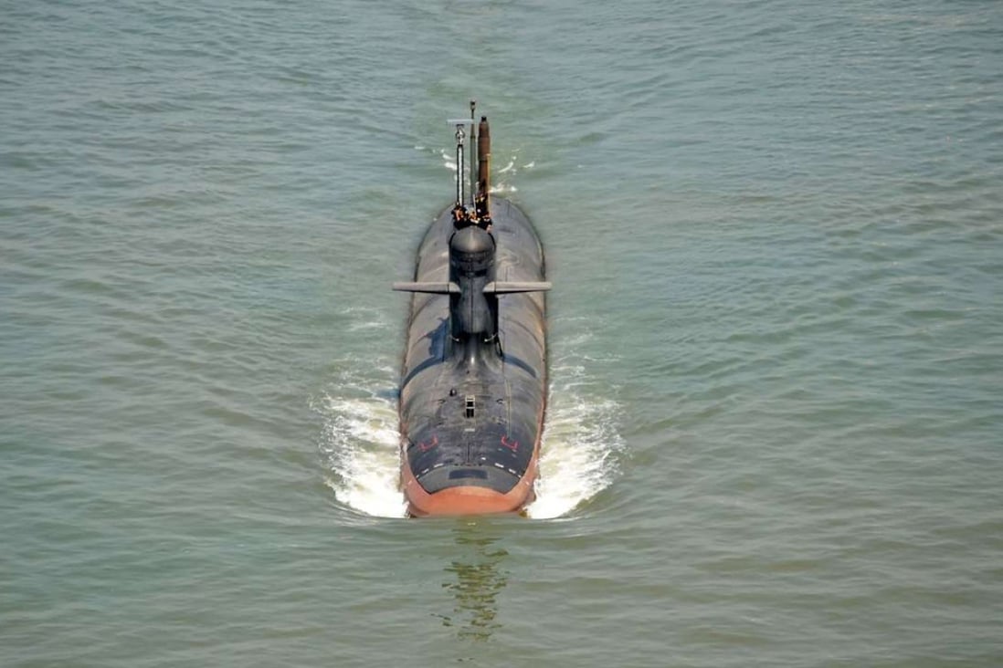 The Indian Navy’s Scorpene Class Submarine ‘Kalivari’ takes part in its maiden sea trials off the coast of Mumbai on May 1, 2016. Photo: AFP