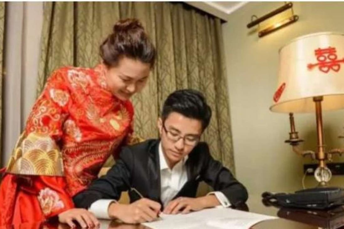 The couple pictured on their wedding night apparently copying out sections of the Communist Party constitution. Photo: SCMP Pictures