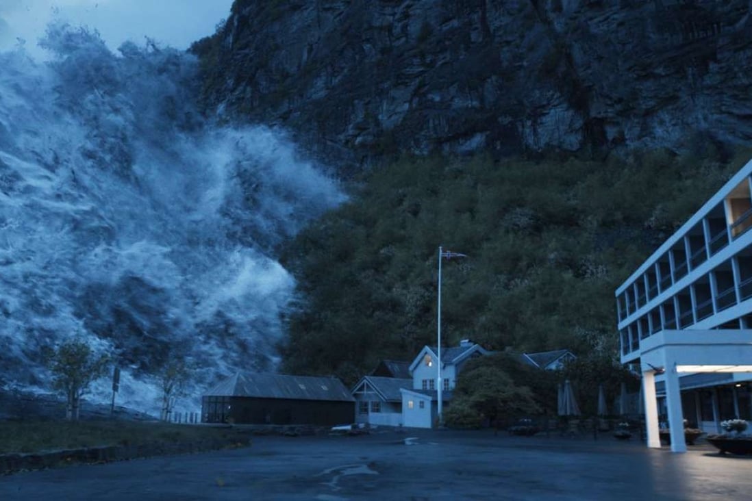 The Akerneset mountain collapses into a fjord, triggering a tsunami, in The Wave (category IIB; Norwegian). The film, directed by Roar Uthaug, stars Kristoffer Joner and Ane Dahl Torp.