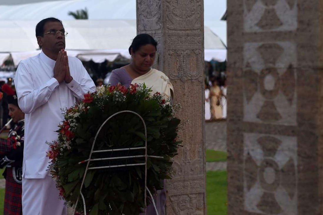 Sri Lanka’s President Maithripala Sirisena (left) at a memorial during a commemorative ceremony in Colombo to mark the seventh anniversary of the end of the island’s Tamil separatist war. Photo: AFP