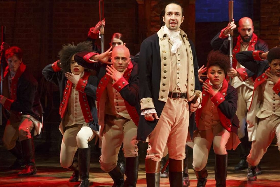 Lin-Manuel Miranda (centre) performs the role of Alexander Hamilton in Hamilton, a musical about America’s founding fathers. Photo: AP