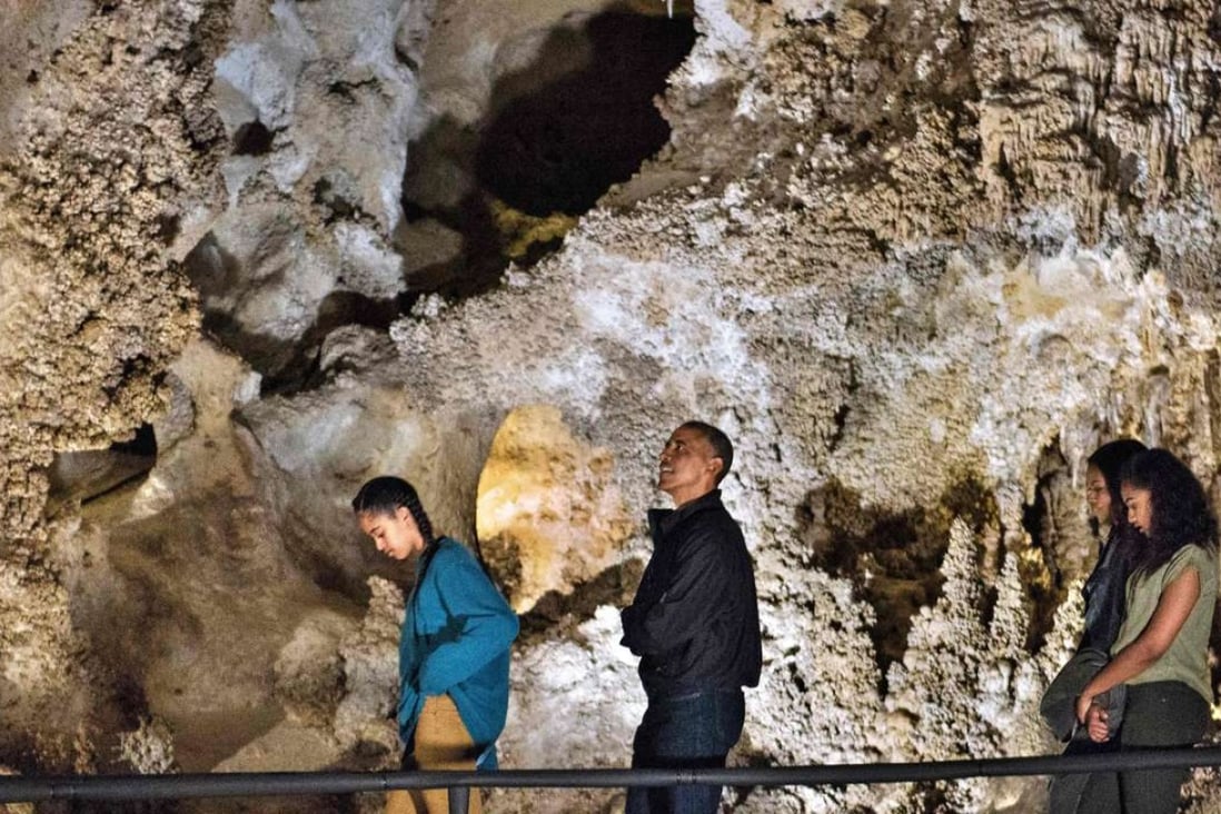 From left, Sasha Obama, US President Barack Obama, US first lady Michelle Obama and Malia Obama tour Carlsbad Caverns National Park in New Mexico. Photo: AFP