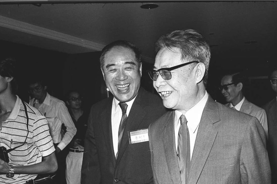 Mr Xu Jiatun (right), Director of the Hong Kong Branch of the New China News Agency, is greeted by Mr H. C. Tang, Chairman of the Federation of Hong Kong Industries, at the Federation's dinner party held at the Shangri-La Hotel. Mr Xu was the guest of honour at the party on August 26, 1983. Photo: SCMP