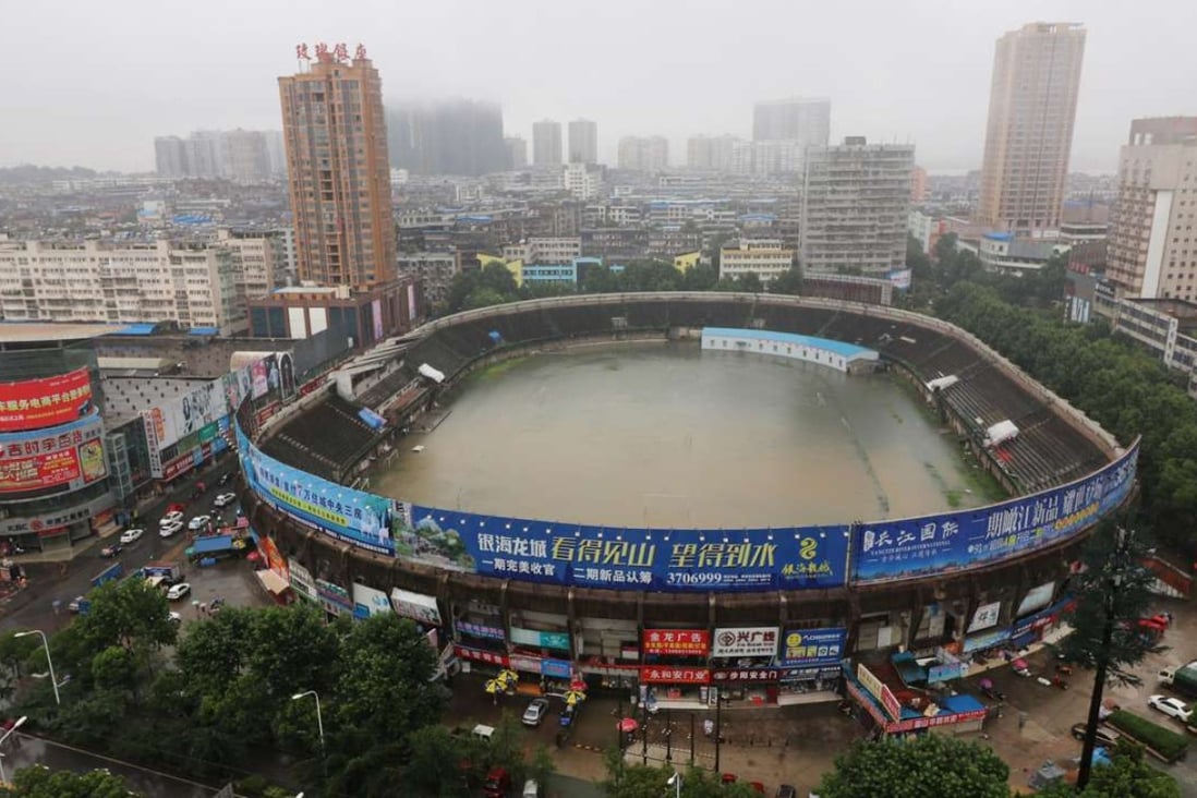 A stadium is flooded after heavy rainfall in Ezhou, Hubei province. Photo: Reuters