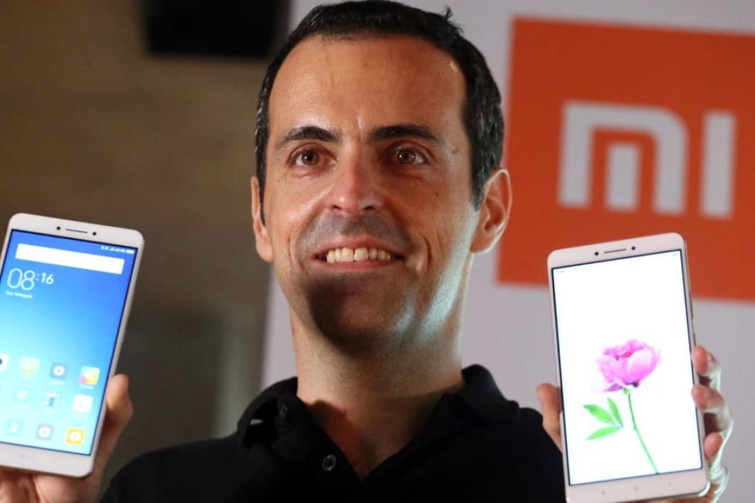 Hugo Barra, Xiaomi’s vice president of international, launching the company’s latest 6.44-inch Mi Max phablet in Mong Kok. Photo: Felix Wong, SCMP