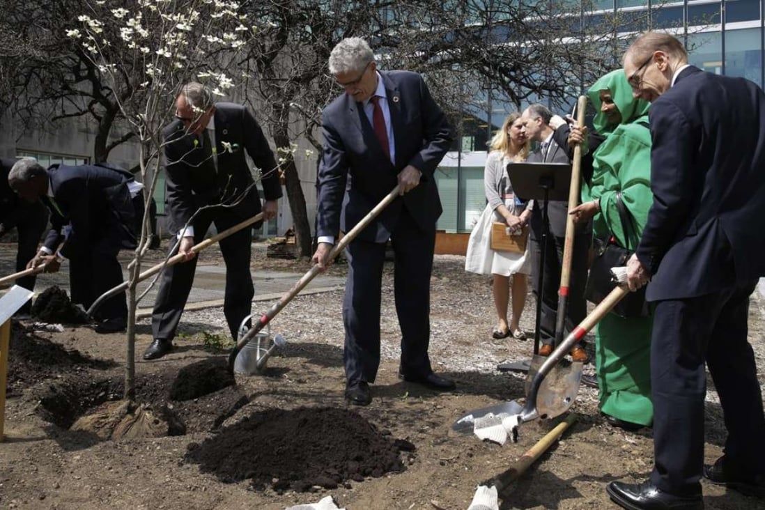 United Nations diplomats plant trees in the UN Food Garden on the occasion of Earth Day and the signing of the Paris agreement on climate change. Photo: EPA