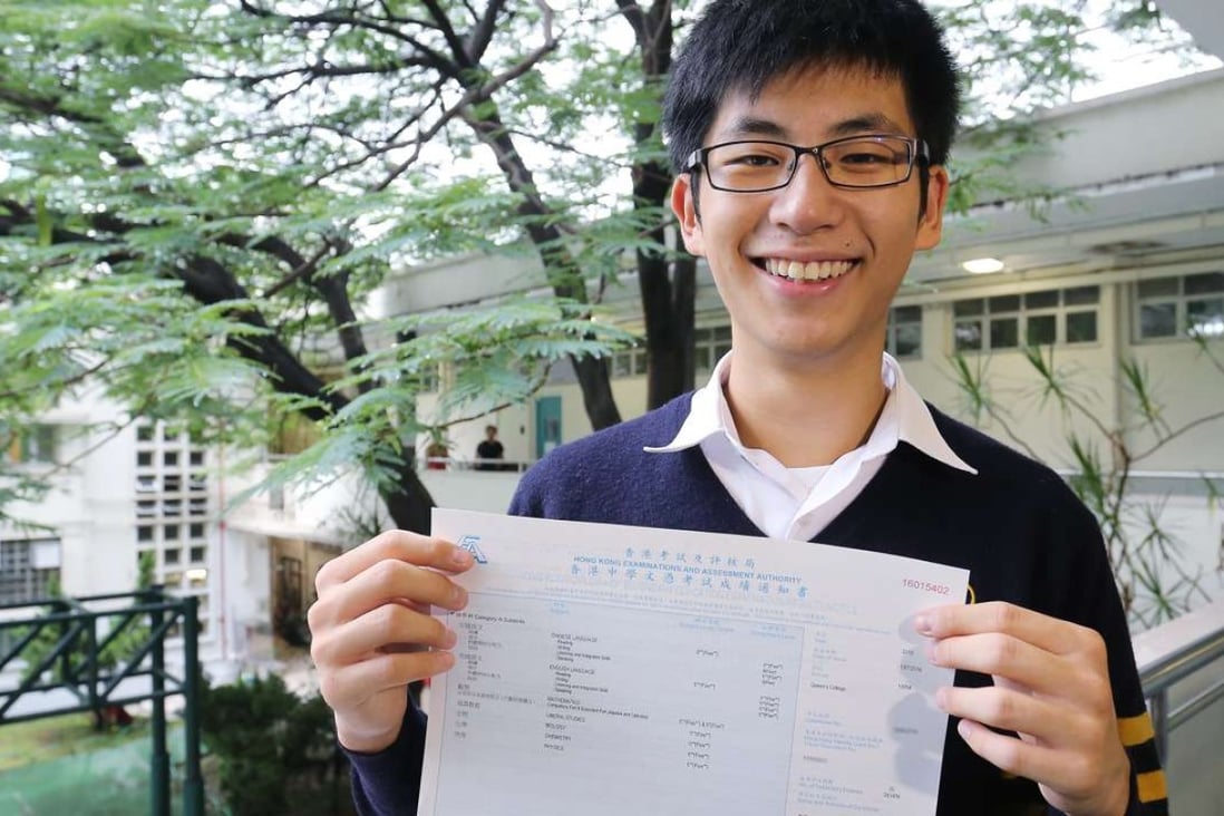 Proud student Wong Ho-sum, from Queen’s College in Causeway Bay, with his Diploma of Secondary Education exam results. Photo: Dickson Lee