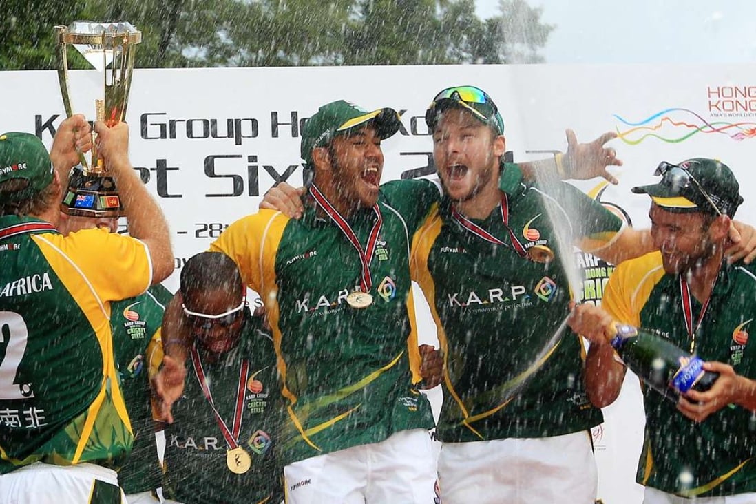 South Africa celebrate winning the cup final of the Hong Kong Sixes in October 2012. Photo: Jonathan Wong