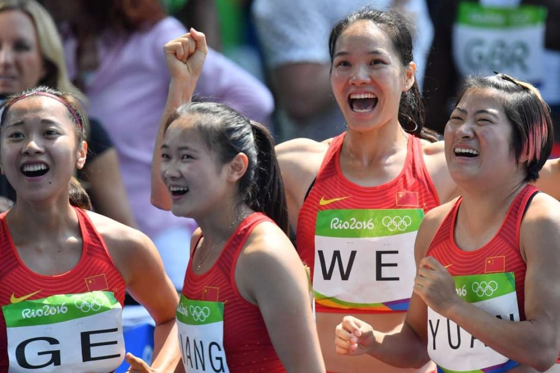 China’s Ge Manqi, Liang Xiaojing, Wei Yongli and Yuan Qiqi were denied a place in the 4x100m relay final in the cruellest of circumstances. Photo: AFP