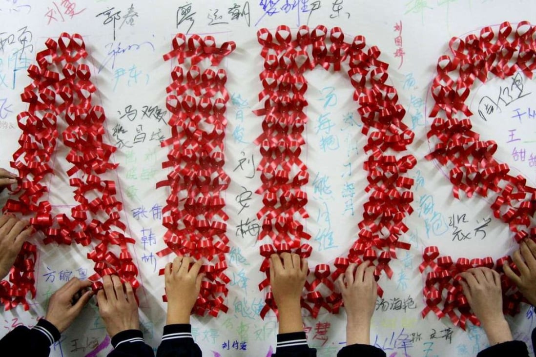 Chinese pupils use handmade red ribbons to form 'AIDS' one day ahead of World AIDS Day. Photo: AFP