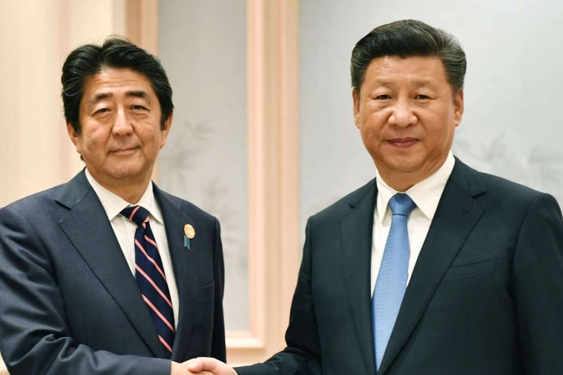 President Xi Jinping, right, and Japanese Prime Minister Shinzo Abe shake hands before their bilateral meeting on the sideline of the G-20 Summit on Monday. Photo: Kyodo