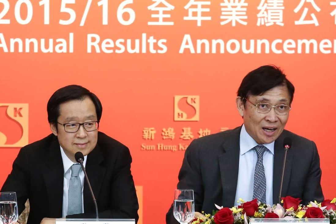 Victor Lui, deputy managing director (left) and Raymond Kwok, chairman and managing director of Sun Hung Kai Properties, attend the annual results media briefing on Thursday. Photo: Jonathan Wong