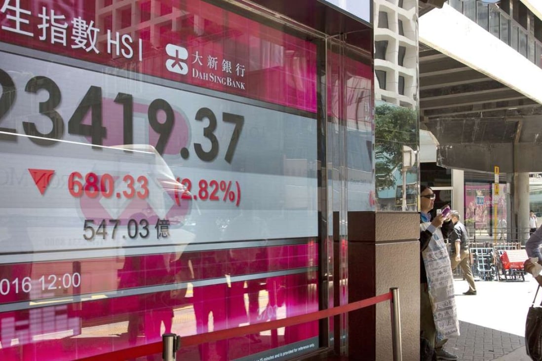 A woman walks past an electronic board showing the Hong Kong share index. Photo: AP