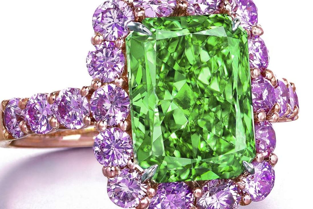 The Aurora Green, the largest, natural fancy vivid-green diamond in the world, is rectangular cut and 5.03ct. Photo; Christie’s