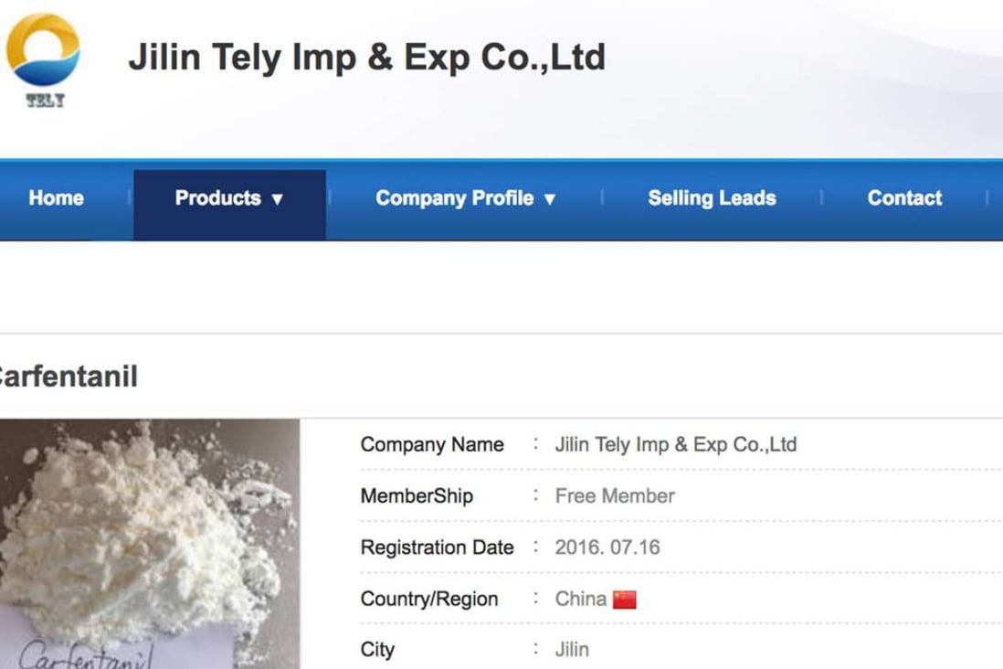 This September 13 image of a webpage offers carfentanil for sale by the Jilin Tely Import and Export Co. As of October 7, this webpage was no longer available. Photo: AP