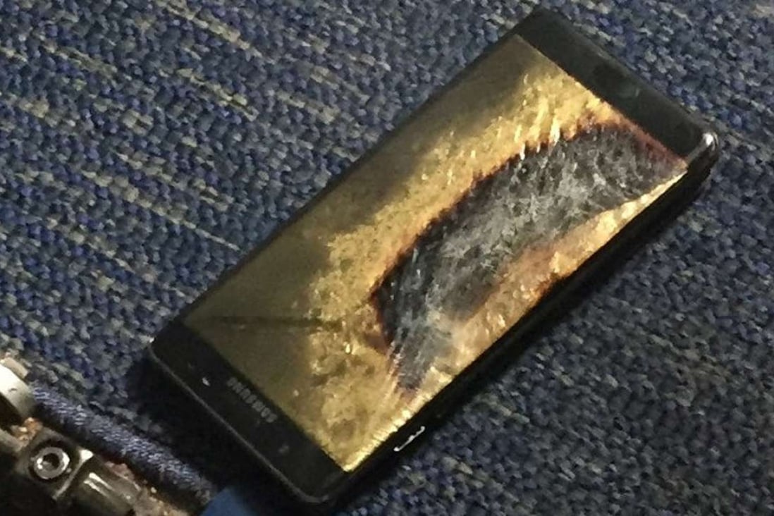 A burned Samsung Note 7 smartphone belonging to Brian Green. The replacement model of the fire-prone smartphone began smoking inside a Southwest Airlines plane on October 5. Photo: Reuters