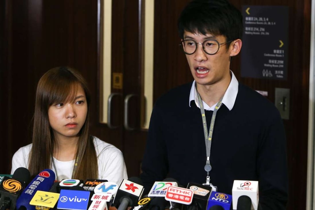 Yau Wai-ching and Sixtus “Baggio” Leung, both of whom had their oaths rejected, meet the press outside the Legislative Council chamber on October 12. Photo: Dickson Lee