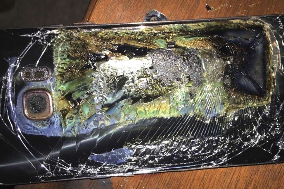 A burnt Samsung Galaxy Note 7 on a table in the United States. Photo: AP