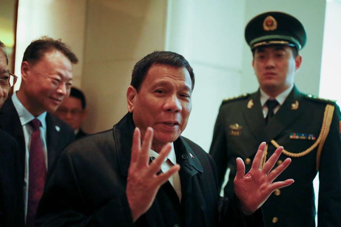 Philippine President Rodrigo Duterte arrives at a hotel in Beijing. Photo: Reuters