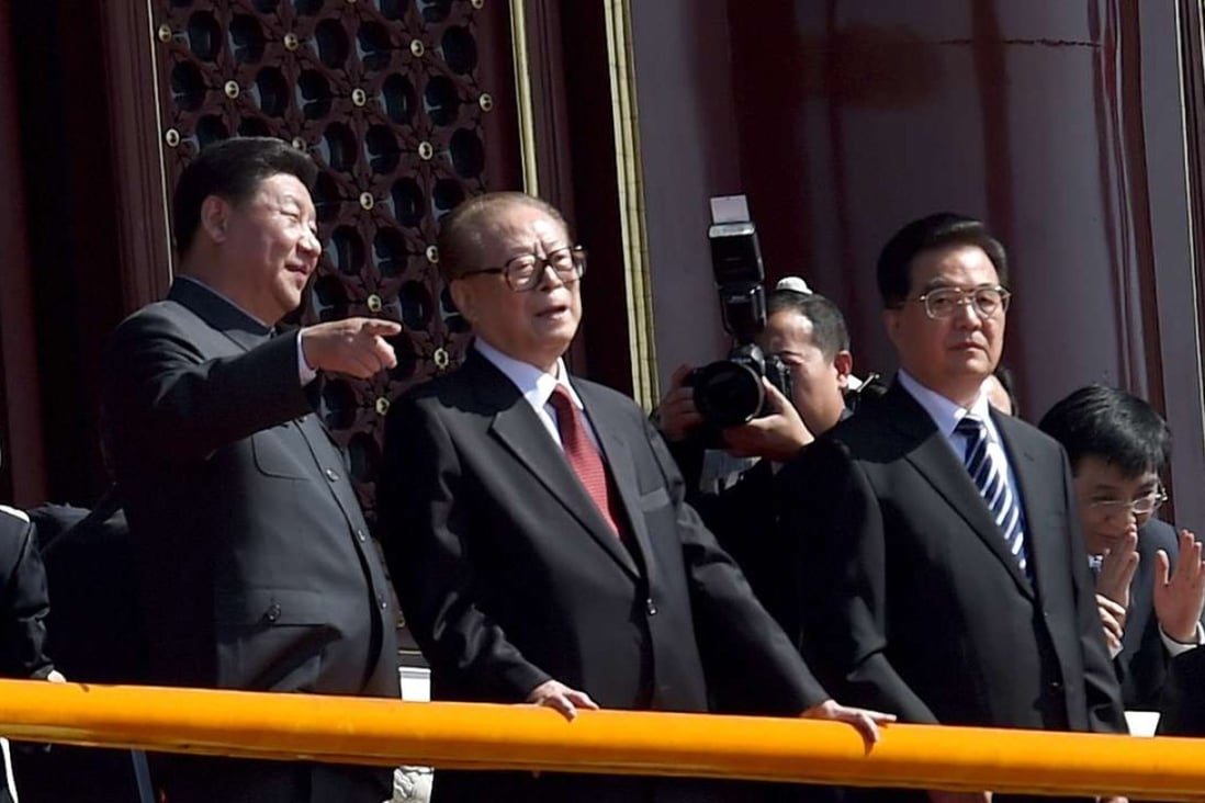 President Xi Jinping, left, former presidents Jiang Zemin and Hu Jintao at the grand parade marking the 70th anniversary of the end of the second world war on September 3, 2015. Photo: Reuters