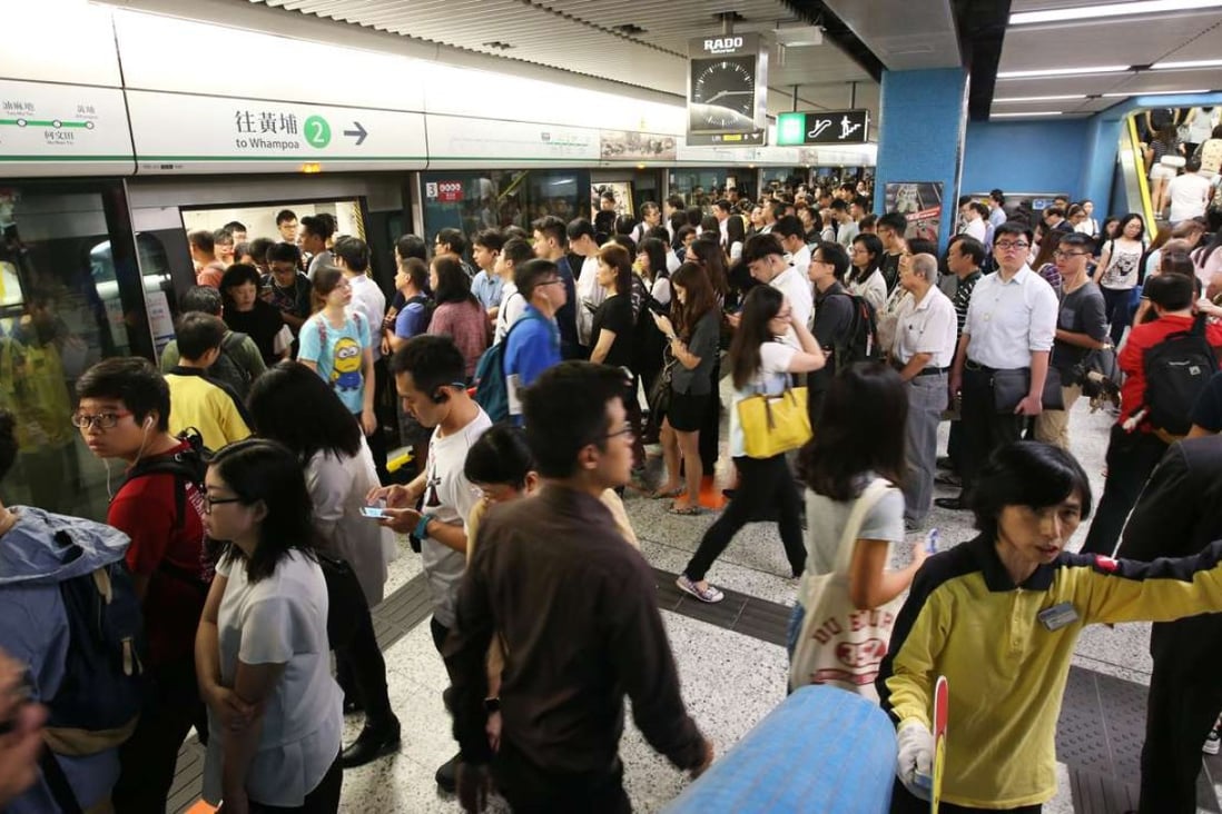 A busy train at Kowloon Tong station heading for Whampoa on Monday morning. Photos: David Wong