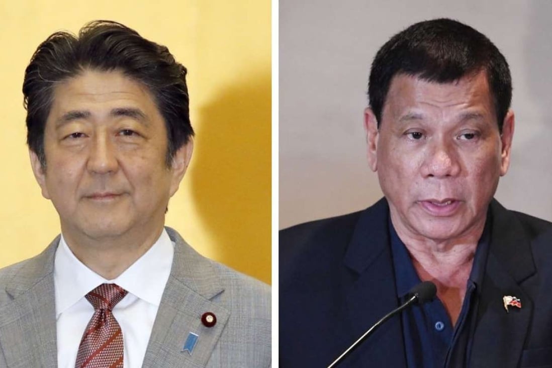 UnJapanese Prime Minister Shinzo Abe (L) and Philippine President Rodrigo Duterte. Abe has sought to strengthen ties with the Philippines and other Southeast Asian countries as a counter-balance to Beijing. Photo: Kyodo