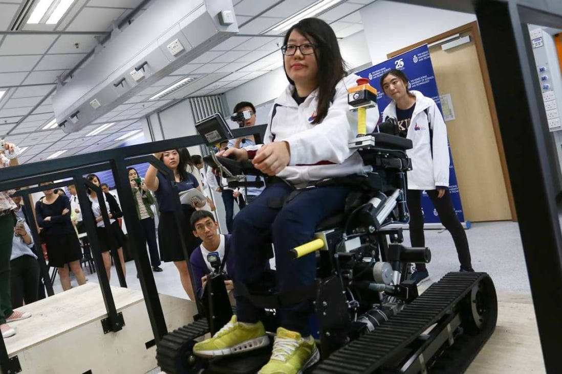 Carol Ng Cho-yu seated on a wheelchair designed by seven students from HKUST won silver in the world's first Olympics for bionic athletes, Cybathlon. 26OCT16 SCMP/Jonathan Wong