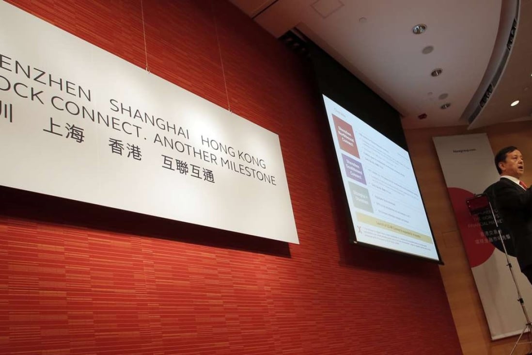 Hong Kong Exchanges and Clearing chief executive Charles Li speaks after the long-awaited Shenzhen-Hong Kong Stock Connect was officially approved in August by the Chinese government. Photo: AP