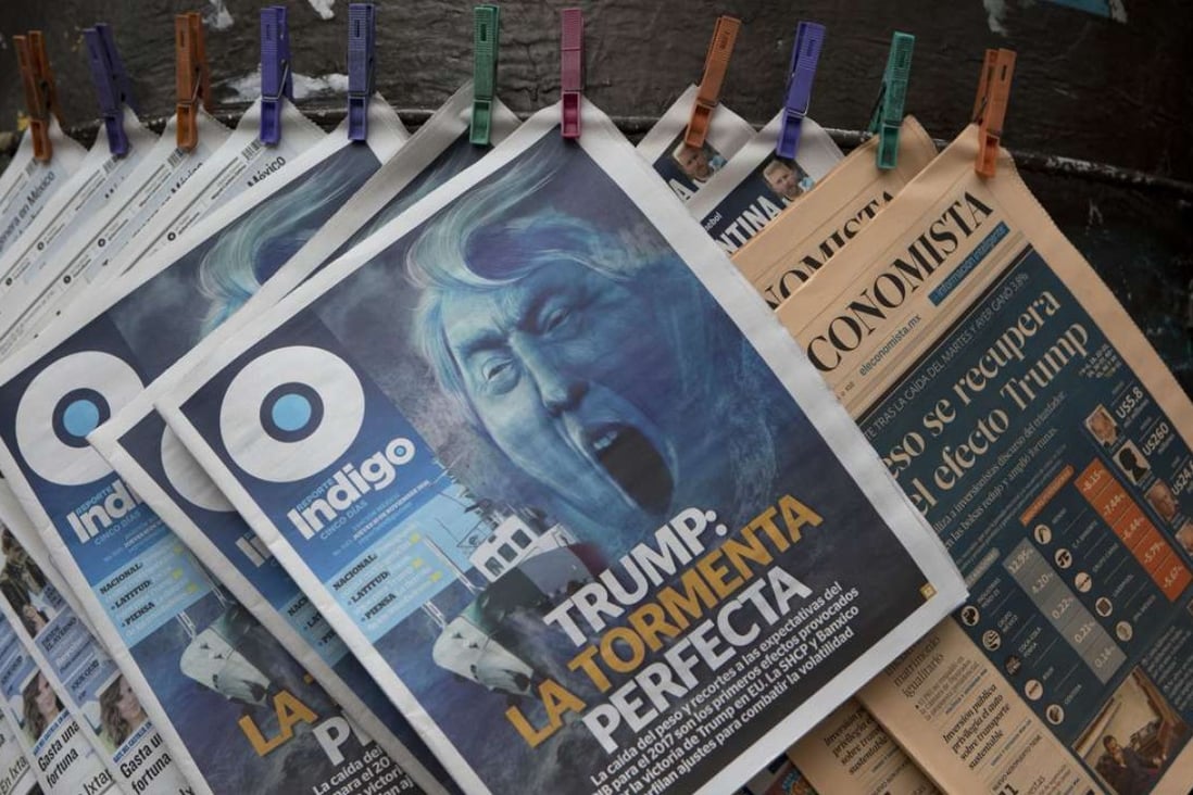 “Trump: The Perfect Storm”, reads a headline in Spanish at a news kiosk in downtown Mexico City on November 10. Photo: AP