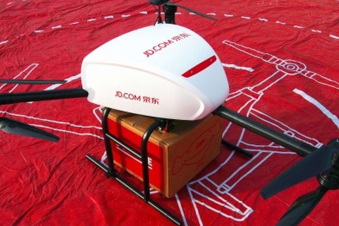 A JD.com drone about to deliver goods in China on Singles’ Day, last Friday. Photo: SCMPOST