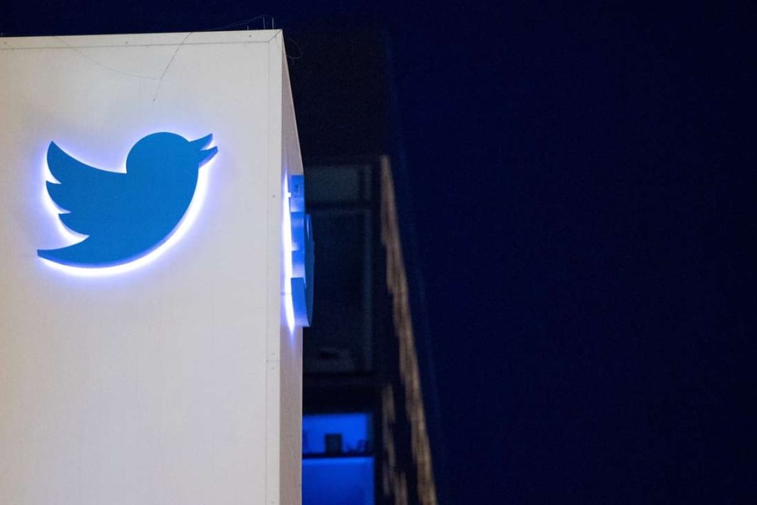 The Twitter logo at the company's headquarters in San Francisco. Twitter accounts of white supremacy advocates and other “alt-right” figures have been shut down. Photo: AFP