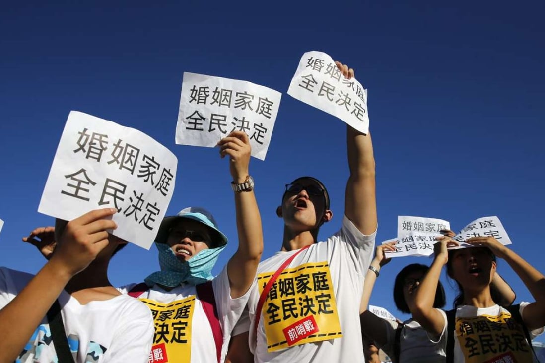 A file picture of protestors attending an anti same-sex marriage rally in Taipei earlier this month. Photo: EPA