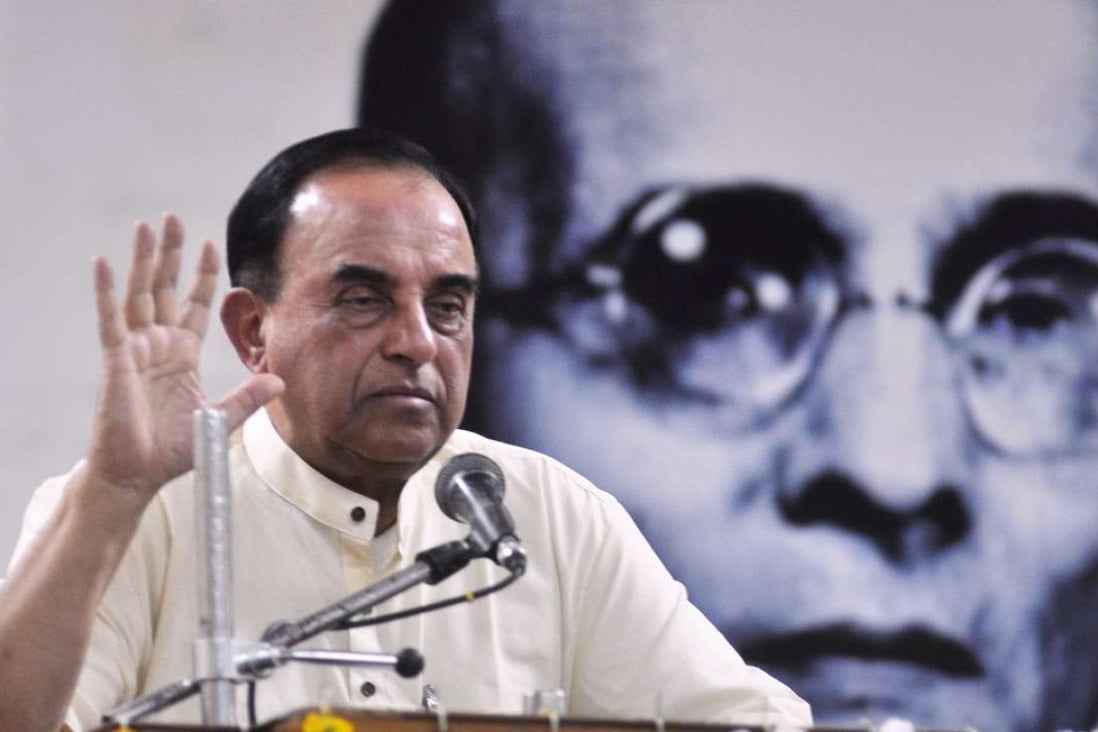 Subramanian Swamy delivers a lecture on the freedom fighter Vinayak Sawarkar. Photo: AFP